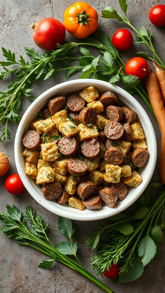 A bowl of savory stuffing with sausage and sage, surrounded by fresh herbs and vegetables.