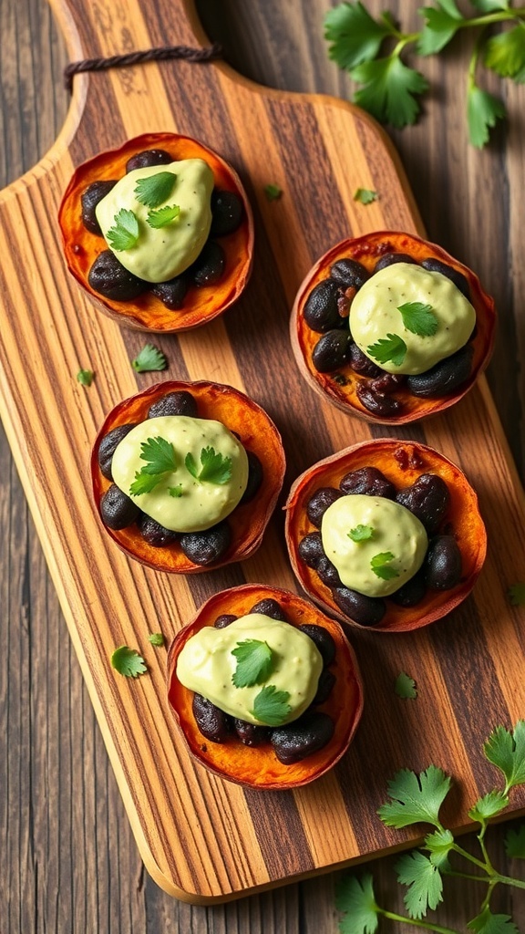 Savory sweet potato and black bean bites topped with avocado sauce and cilantro on a wooden board.
