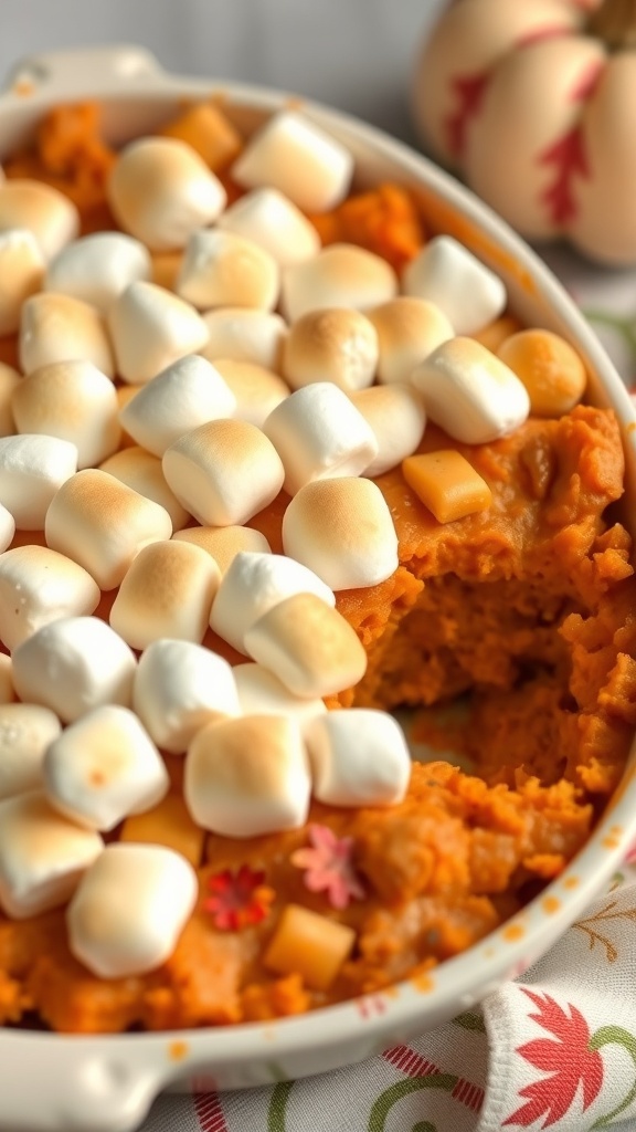 A close-up of a sweet potato casserole topped with marshmallows, with a decorative background.