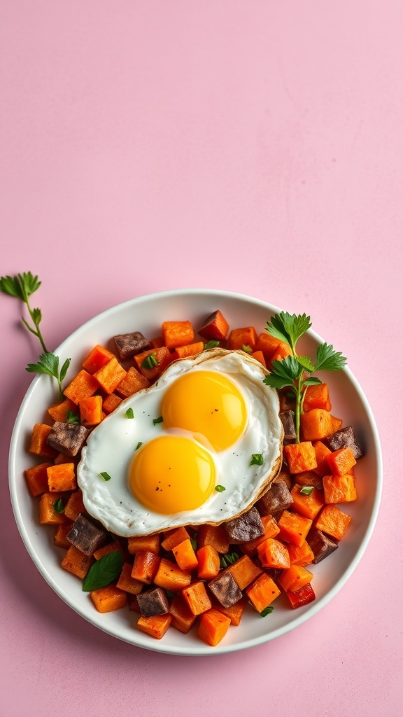 A plate of sweet potato hash topped with two fried eggs, garnished with herbs, set against a pink background.
