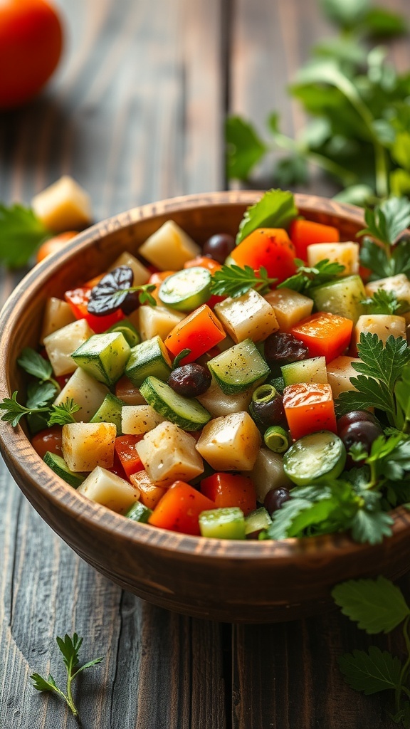 A colorful bowl of savory vegetable salad with diced cucumbers, bell peppers, carrots, olives, and fresh herbs.