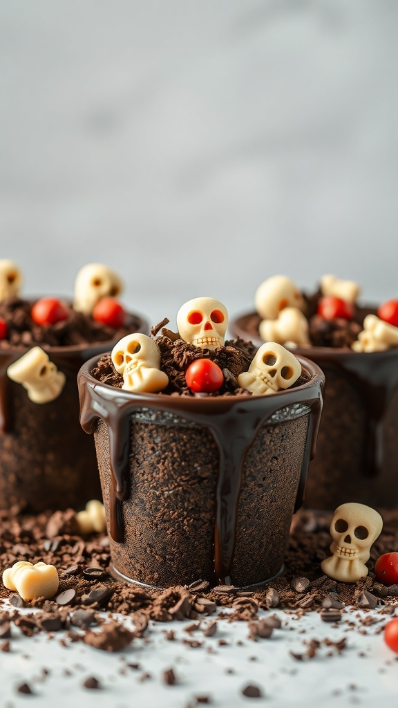 Halloween dirt cups with chocolate pudding, crushed cookies, and white chocolate skeletons