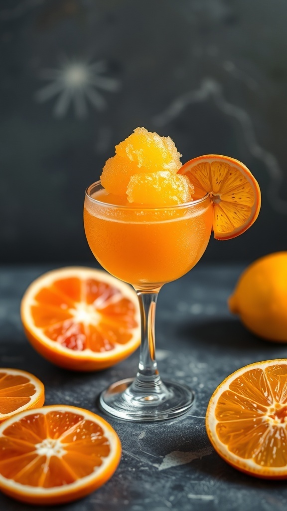A vibrant orange sorbet in a glass, topped with a fluffy mound, garnished with an orange slice, surrounded by fresh orange halves.