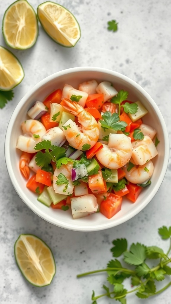 A bowl of colorful seafood ceviche with shrimp, diced vegetables, and lime slices