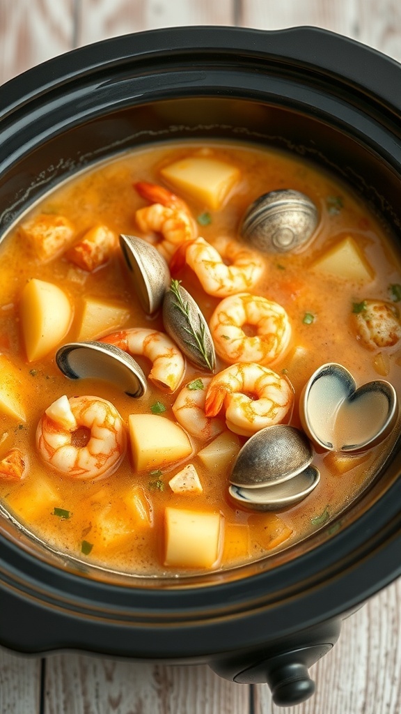 A close-up view of seafood chowder in a crockpot, featuring shrimp, clams, and potatoes.