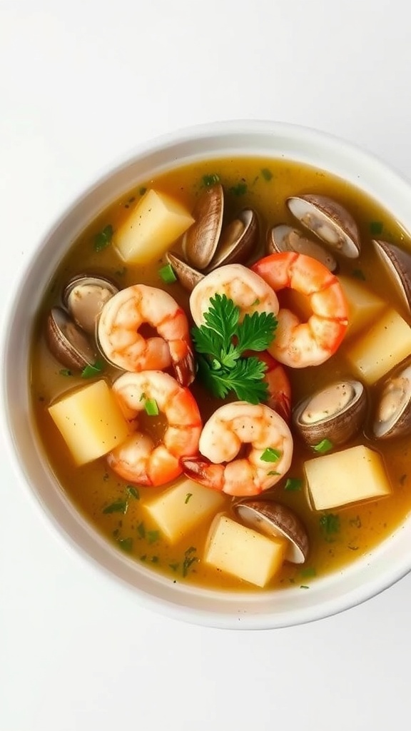 A bowl of seafood chowder with shrimp, clams, and potatoes.