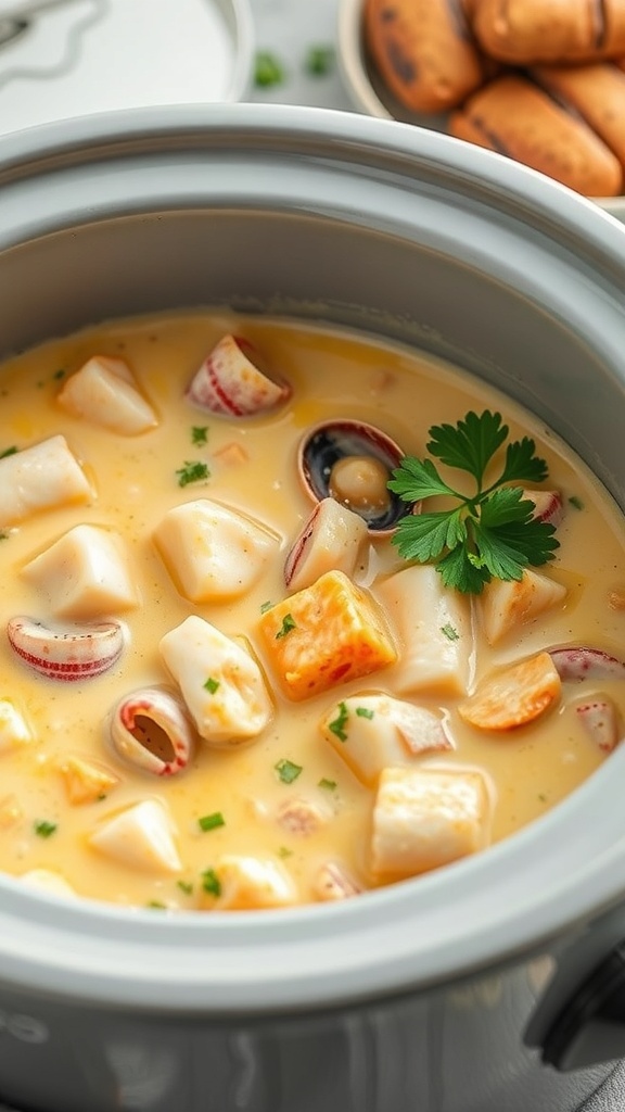 A bowl of creamy seafood chowder in a crock pot, featuring chunks of seafood and garnished with parsley.