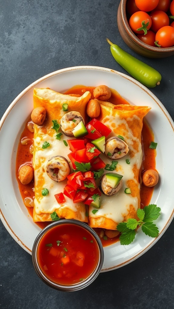 A plate of seafood enchiladas topped with cheese, diced tomatoes, and green peppers, served with a side of salsa.