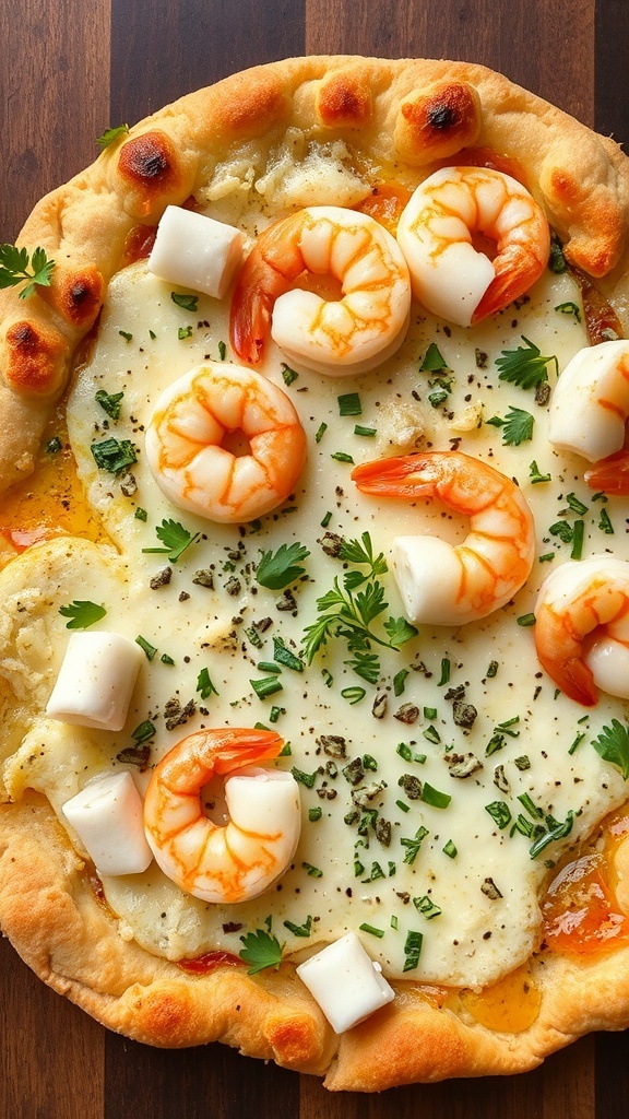 A seafood flatbread topped with shrimp, calamari, and herbs on a wooden surface.