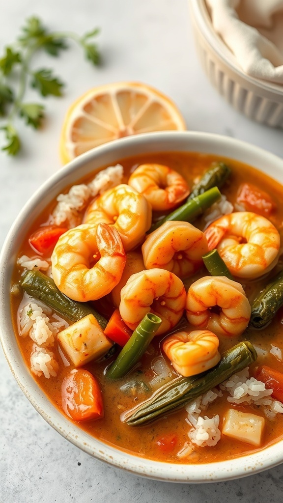 A bowl of seafood gumbo with shrimp, vegetables, and rice.