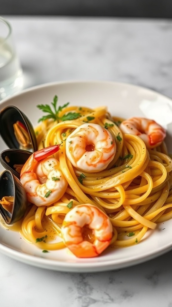 A plate of seafood linguine featuring shrimp and mussels in garlic butter sauce.
