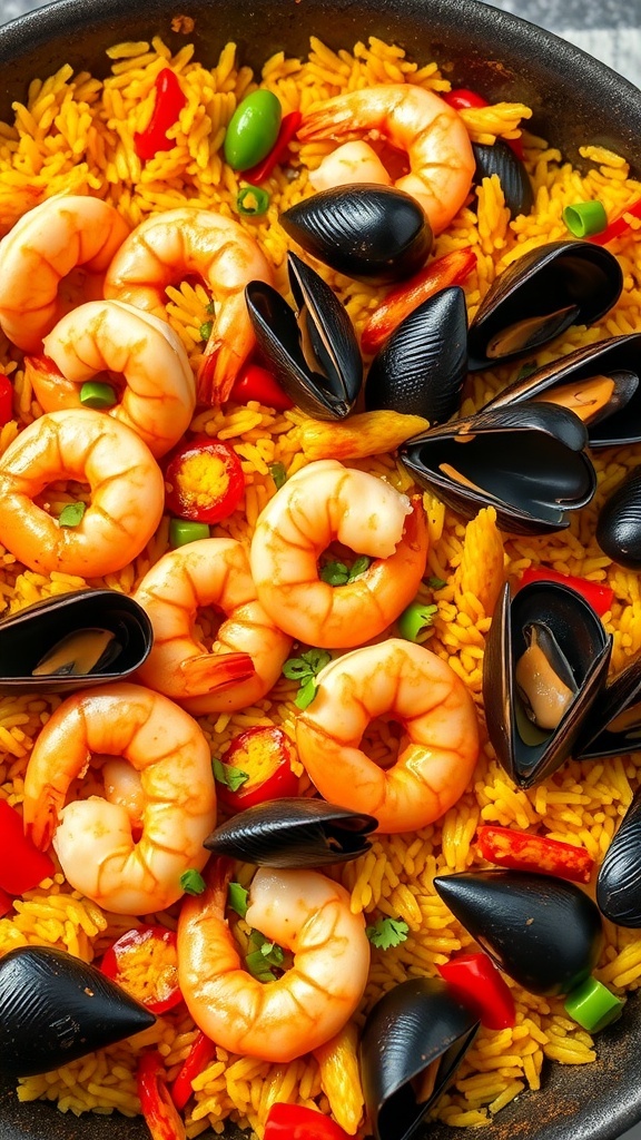 A close-up of seafood paella featuring shrimp, mussels, and colorful vegetables on saffron rice.