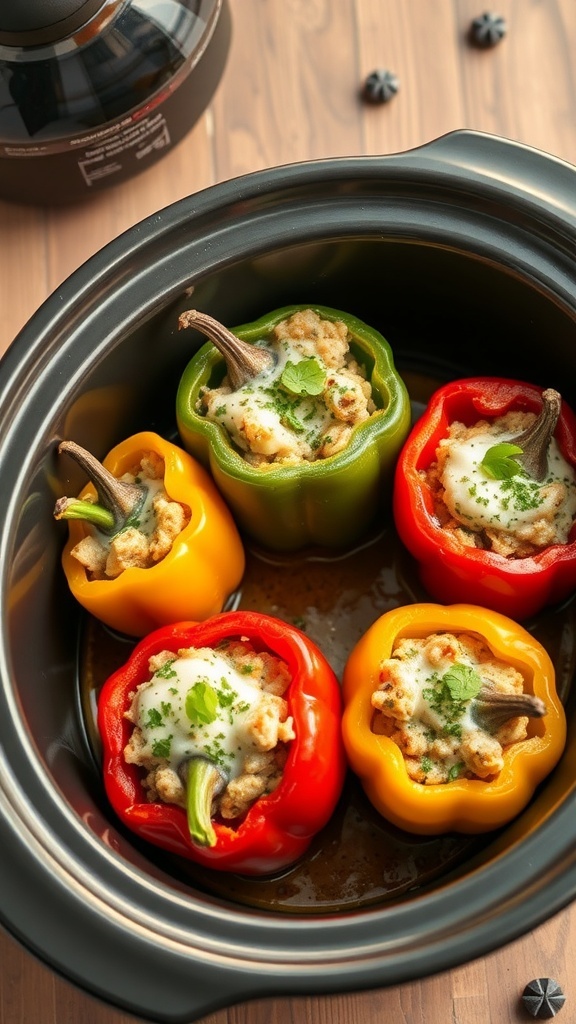 Colorful seafood stuffed peppers in a crockpot