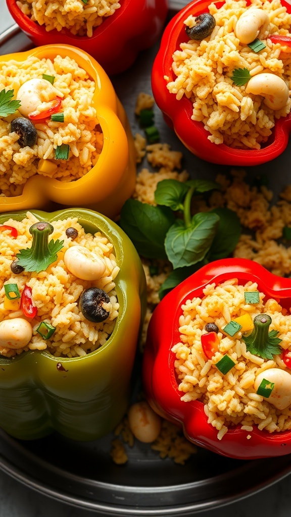 Colorful seafood stuffed peppers filled with rice and seafood mixture