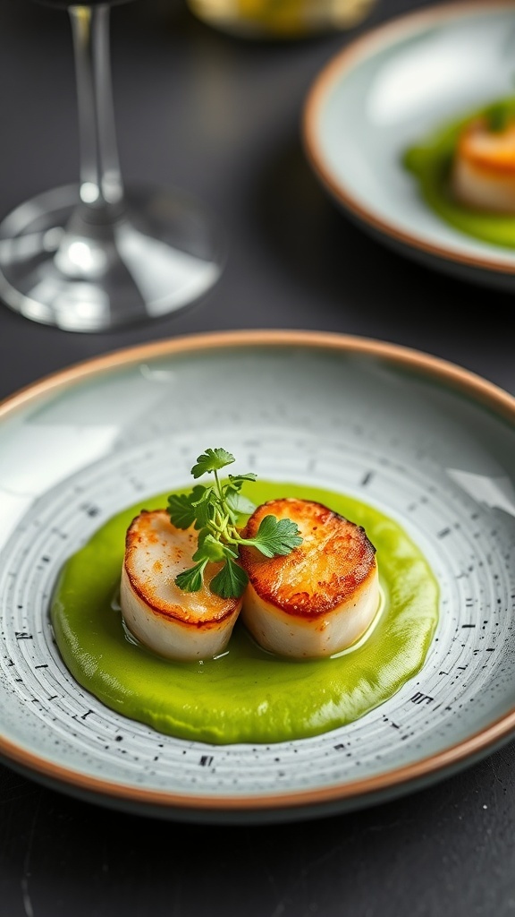 A plate of seared scallops on pea purée, garnished with herbs.