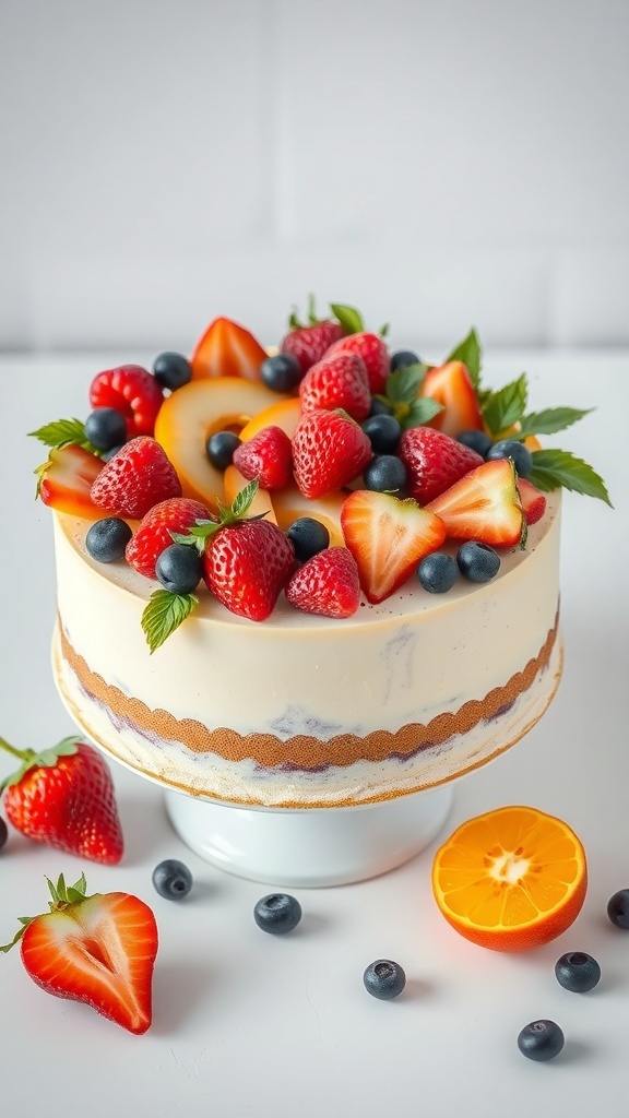 A beautiful seasonal fruit cake topped with strawberries, blueberries, and peaches.