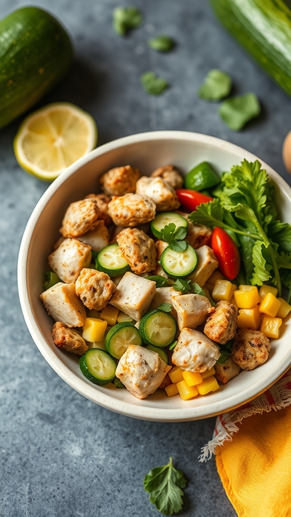 A colorful Bang Bang Chicken Bowl with chicken, cucumbers, mango, and fresh herbs.