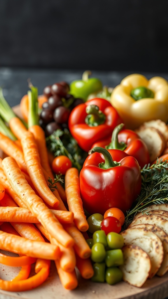 A colorful charcuterie board featuring seasonal vegetables like carrots, bell peppers, and grape tomatoes.