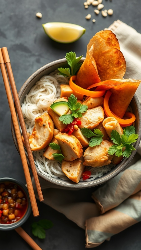 A bowl of Bang Bang Chicken with vegetables and spring rolls on the side.
