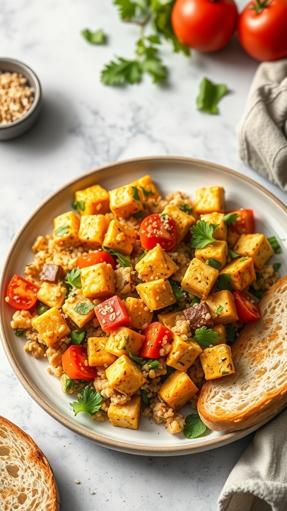 A plate of sesame ginger tofu scramble with tomatoes, herbs, and slices of bread.