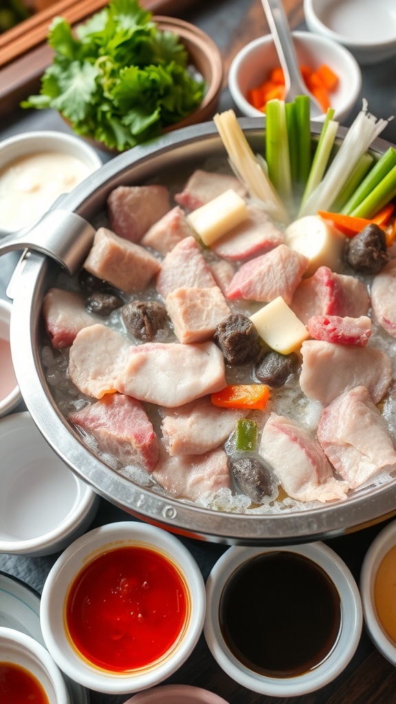 A delicious shabu-shabu hot pot with sliced meats and fresh vegetables