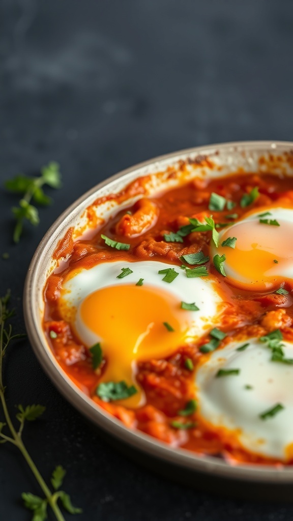 A bowl of shakshuka with poached eggs in spicy tomato sauce, garnished with herbs.
