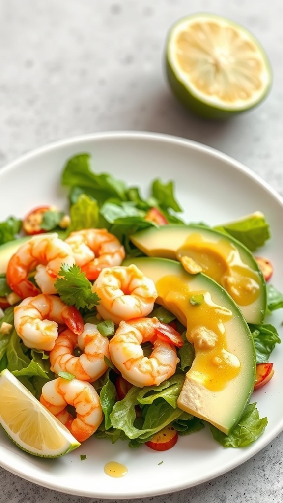 A colorful shrimp and avocado salad with lime dressing on a white plate.
