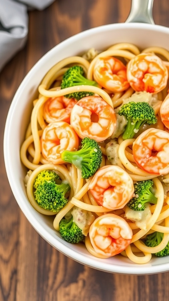 A bowl of Shrimp and Broccoli Alfredo with fettuccine pasta, shrimp, and broccoli in a creamy sauce.
