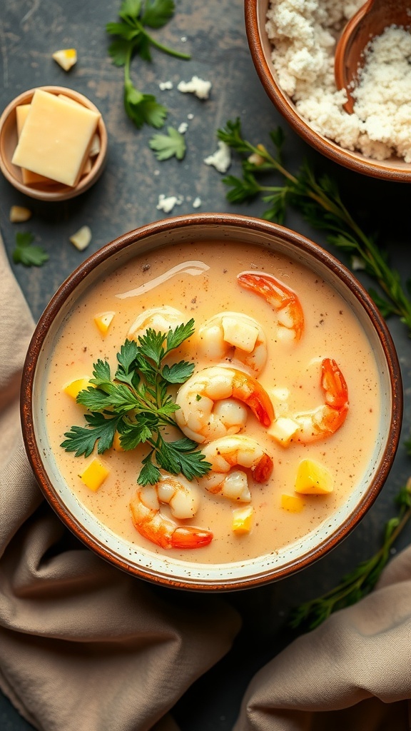 A bowl of shrimp and corn chowder garnished with parsley, with shrimp and corn visible in a creamy broth.