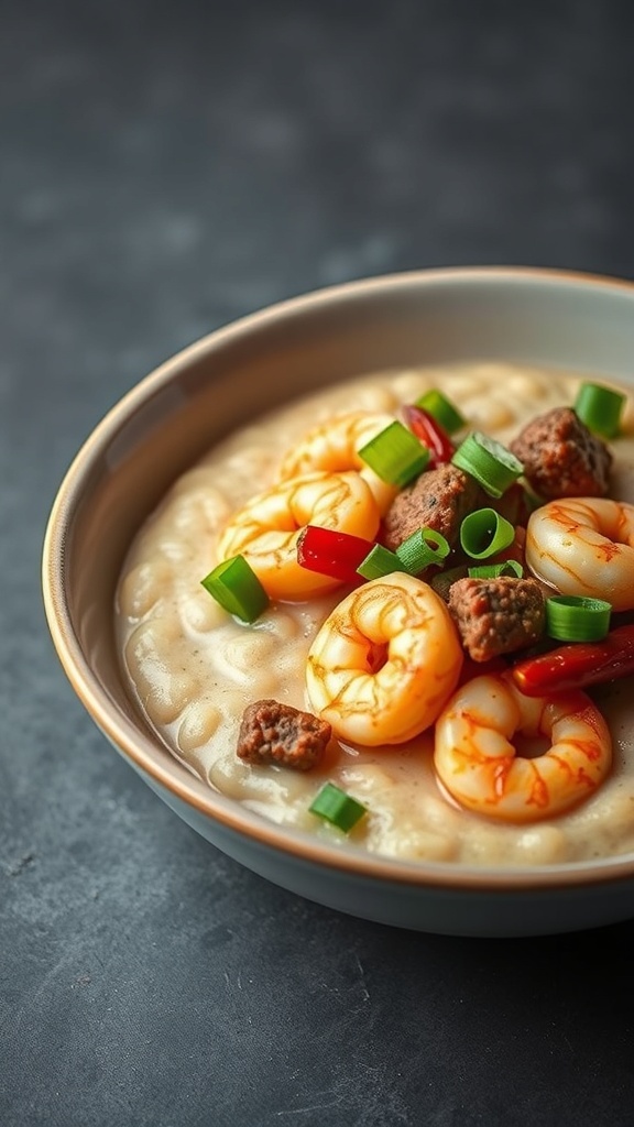 A bowl of shrimp and grits topped with spicy sausage and green onions.