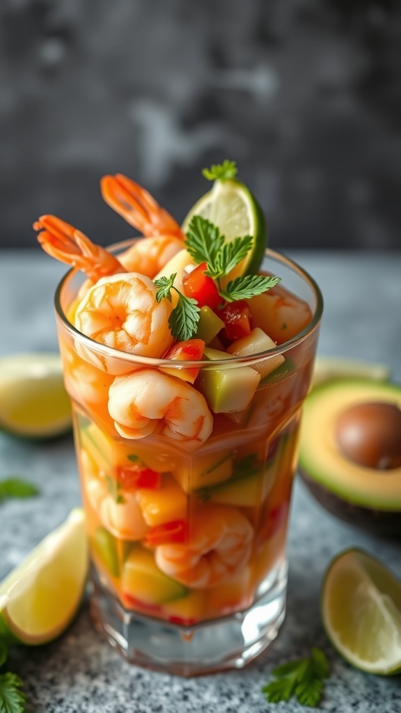A glass of shrimp ceviche with avocado, garnished with lime and cilantro, surrounded by lime halves.