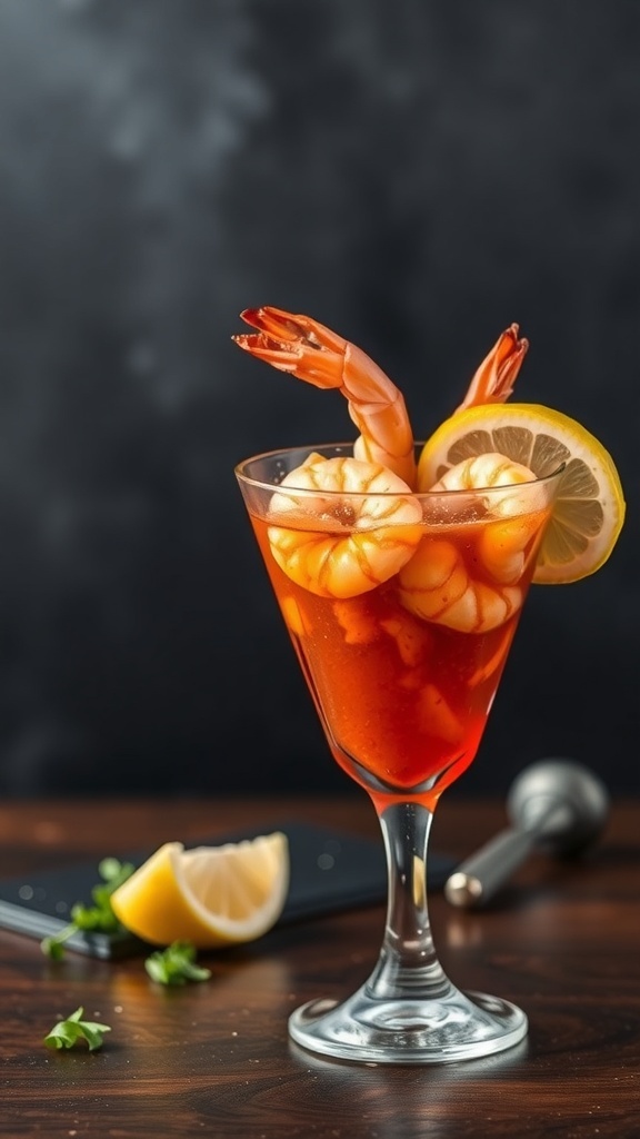 A shrimp cocktail served in a glass with spicy sauce and lemon garnish.