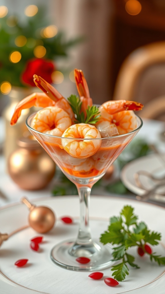 A festive shrimp cocktail served in a glass with zesty sauce, garnished with lemon wedges.
