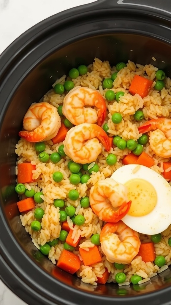A close-up of shrimp fried rice in a crockpot with shrimp, peas, carrots, and a soft-boiled egg.