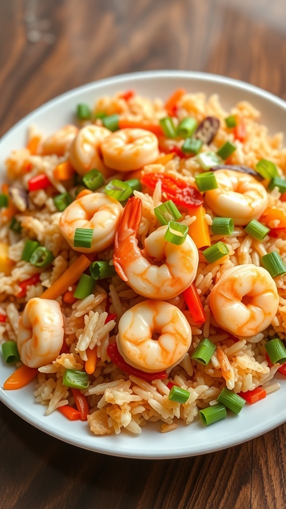 A plate of shrimp fried rice with colorful vegetables and green onions
