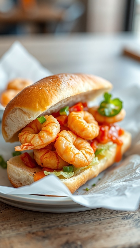 A delicious Shrimp Po' Boy sandwich filled with shrimp, lettuce, and tomato on a hoagie roll.