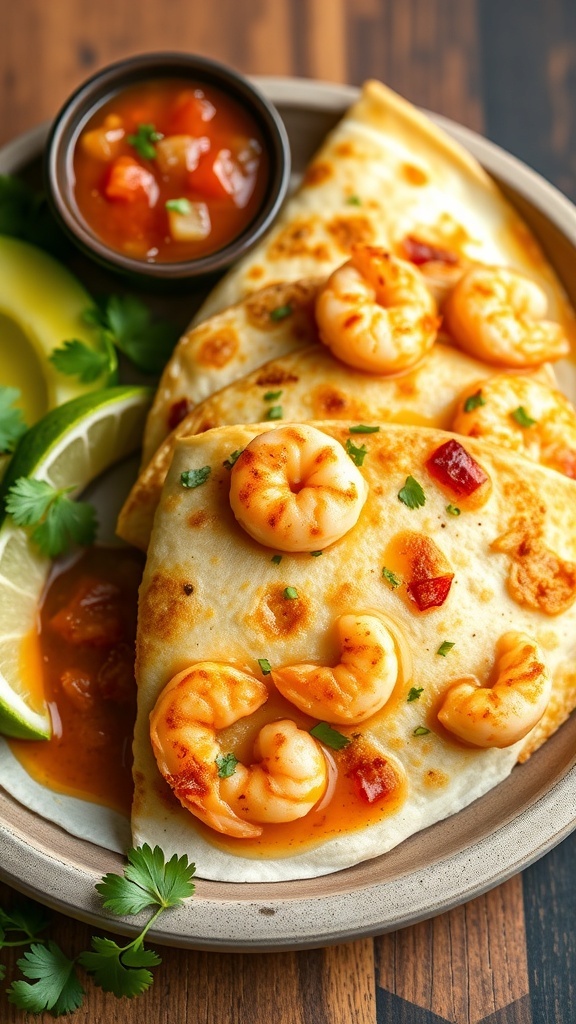 Shrimp quesadillas with cheese served with salsa and lime