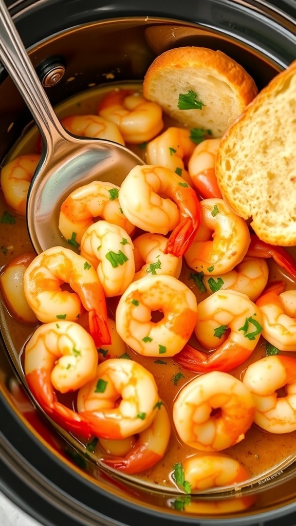 A bowl of shrimp scampi in a crockpot with shrimp, herbs, and a slice of bread on the side.