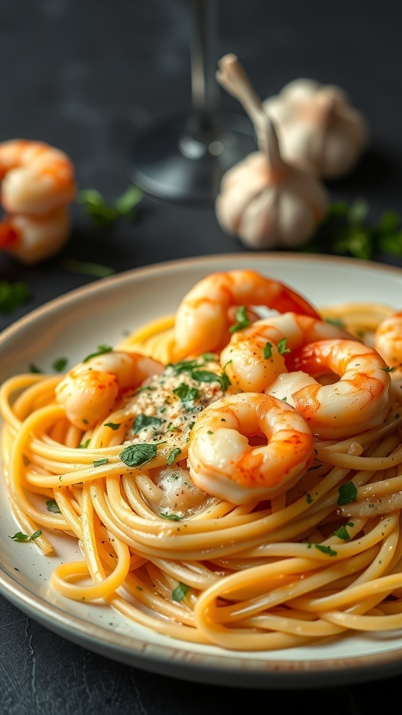 A plate of shrimp scampi with linguine, garnished with parsley and garlic, showcasing a delicious seafood dinner.