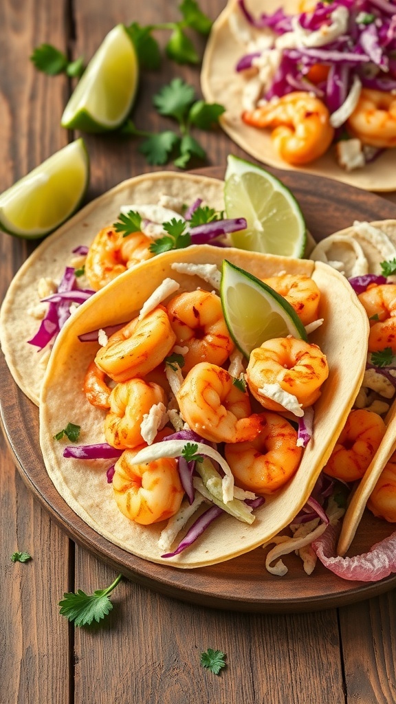 Shrimp tacos with cabbage slaw on a wooden table, garnished with lime wedges and cilantro.