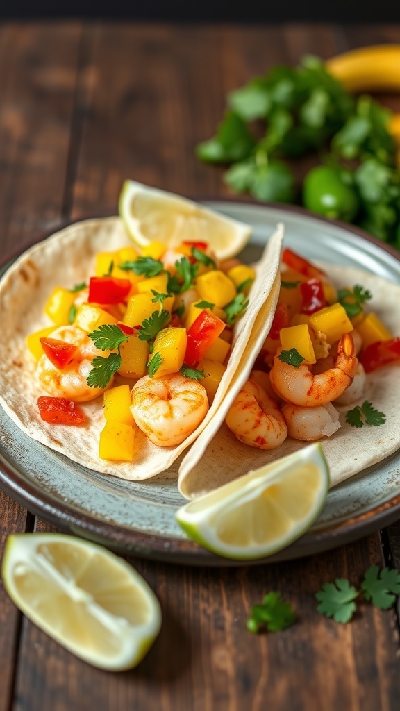 Shrimp tacos with mango salsa on a plate, garnished with lime and cilantro.
