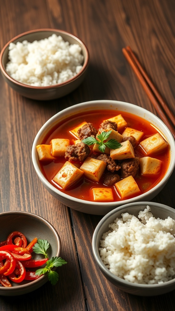 A bowl of Sichuan Mapo Tofu with rice and sliced chilies on the side.