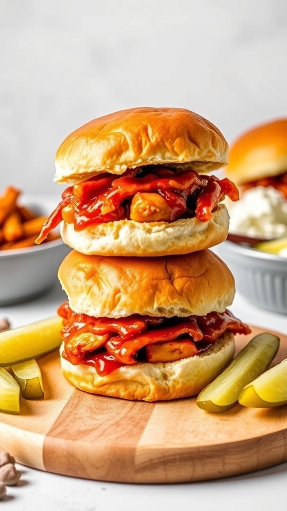 BBQ chicken sliders on a wooden board with pickles