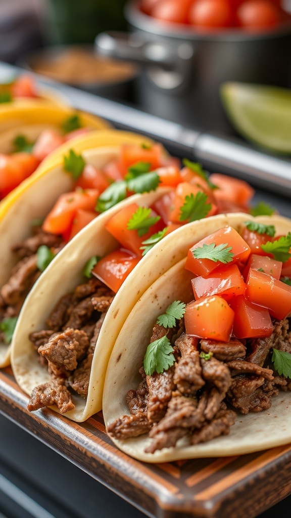 Two beef tacos with fresh salsa and cilantro on a wooden platter.