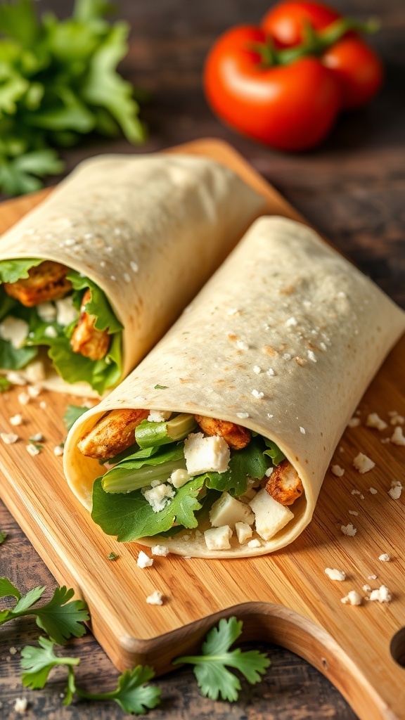 Two chicken Caesar wraps on a wooden cutting board with fresh ingredients