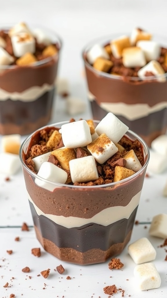 Three cups of Sinister S'mores Dirt Cups with layers of chocolate pudding, graham crackers, and marshmallows