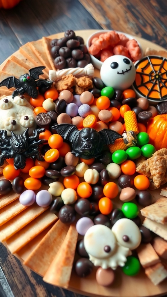A Halloween charcuterie board filled with colorful candies, tiny pumpkins, and a warm drink.