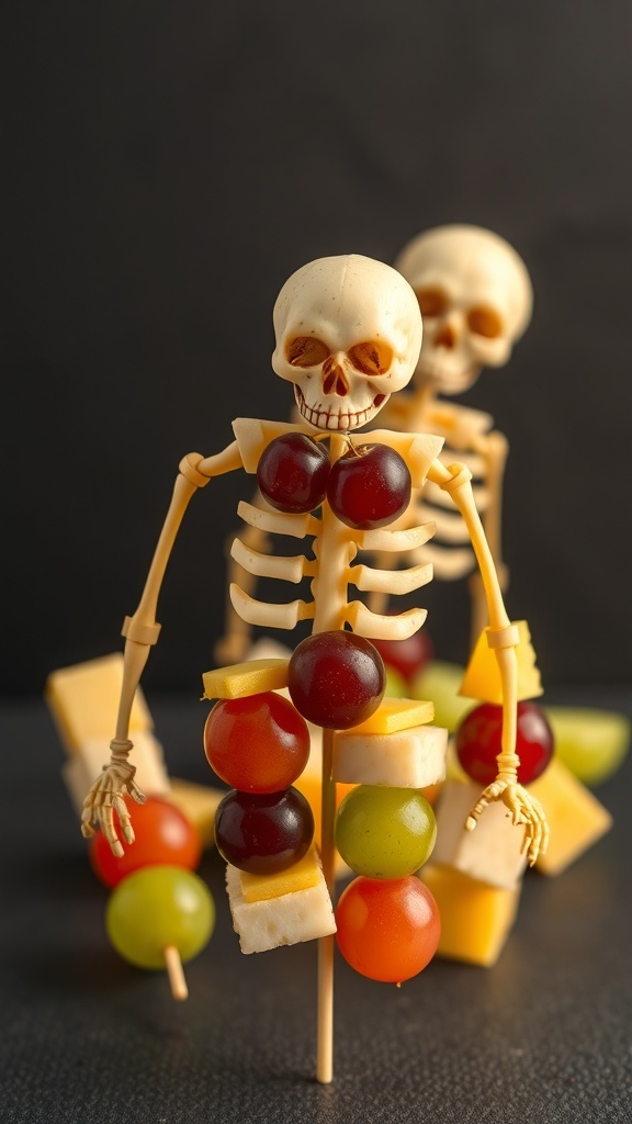 Skeleton fruit kabobs made with colorful fruits and cheese, arranged on skewers.