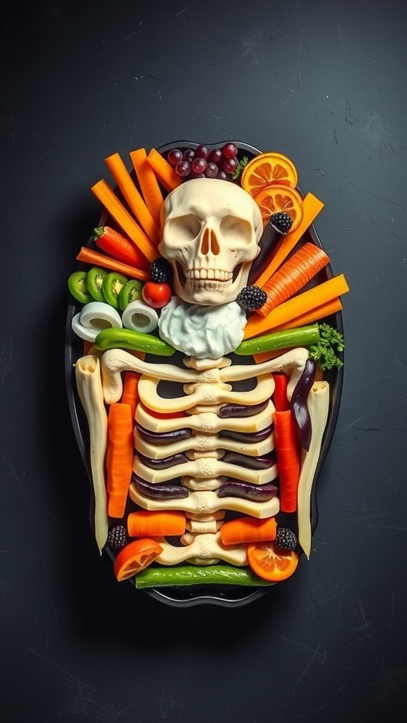 A creative skeleton veggie platter made with various vegetables and a skull centerpiece.