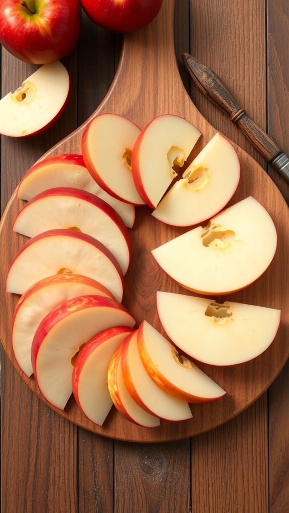 Sliced apples arranged on a wooden platter with whole apples in the background.
